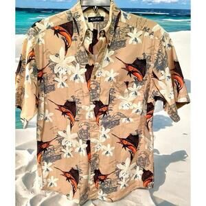 Size M Men's Puritan Beige and Orange Floral Hawaiian Short Sleeve Button Shirt